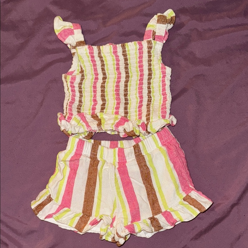 Striped Kids 2 Piece Set - Pink, Green, Brown
